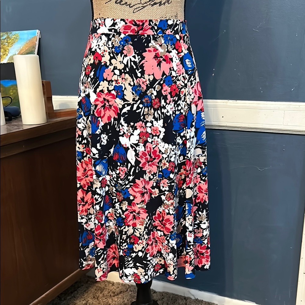 George Pink and Red Pleated A-line Midi Skirt